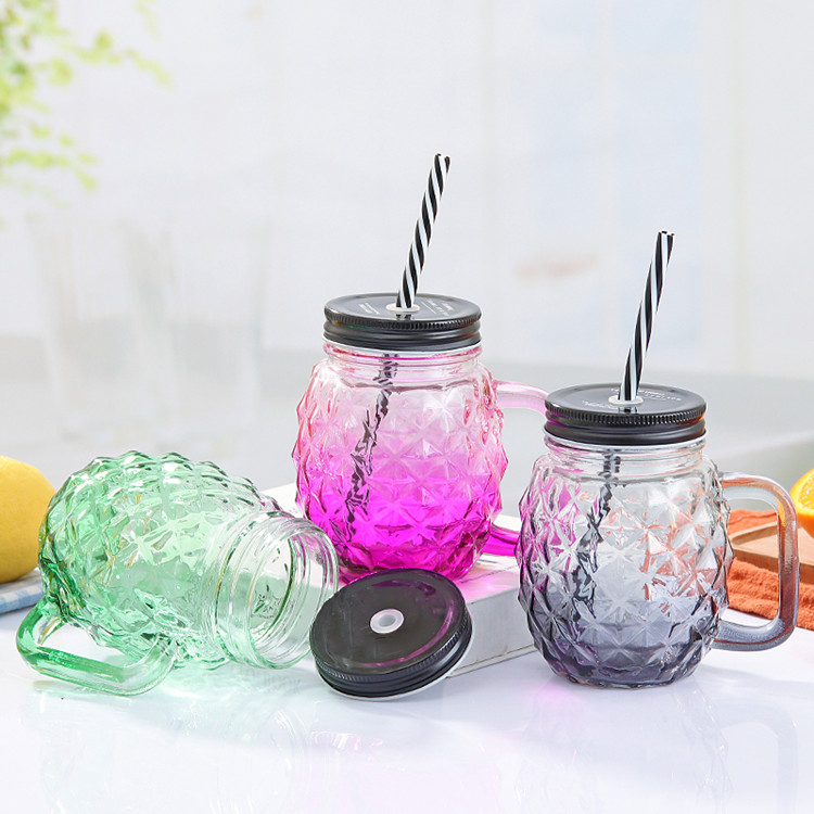18oz 500ml pineapple shape glass storage jar for cold juice with handle and cap