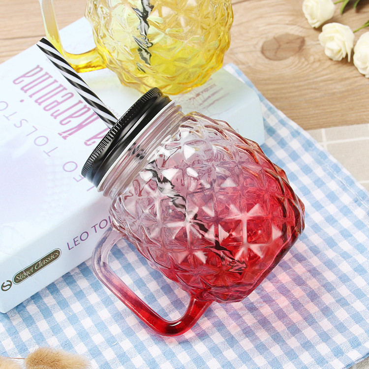 18oz 500ml pineapple shape glass storage jar for cold juice with handle and cap