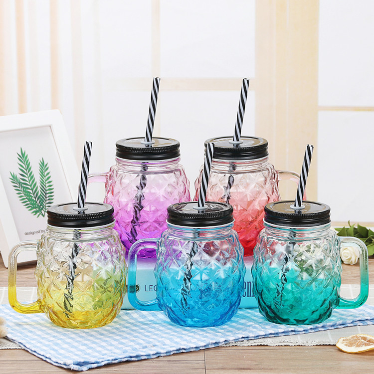 18oz 500ml pineapple shape glass storage jar for cold juice with handle and cap