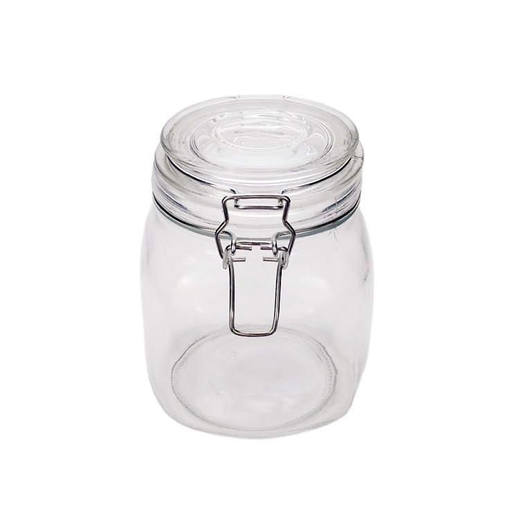 1L 1000ml large capacity wide mouth clear square glass food storage jar with clip lock lid
