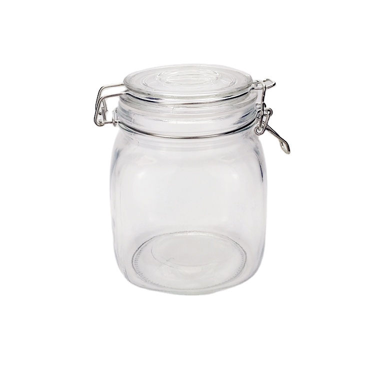 1L 1000ml large capacity wide mouth clear square glass food storage jar with clip lock lid