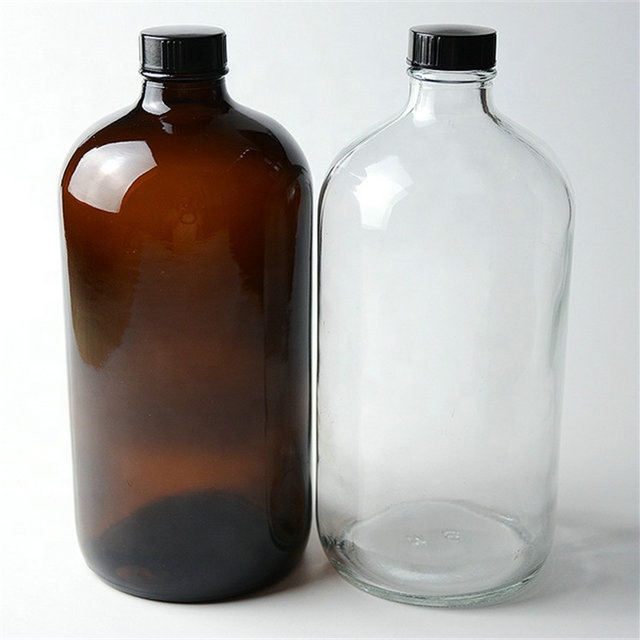 1L 1000ml round amber medical bottle glass boston round glass bottle with screw cap