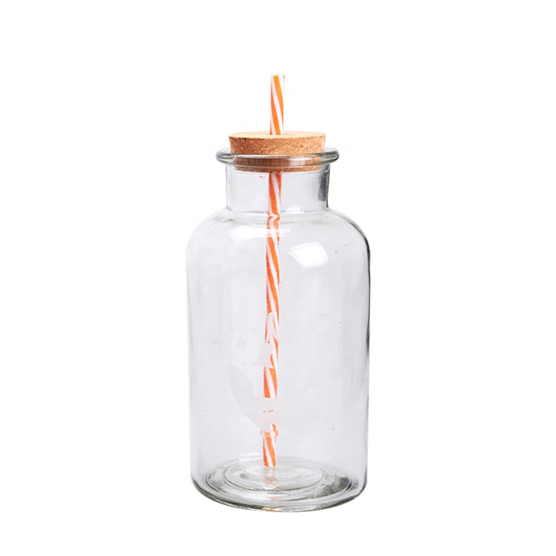 1L Round Glass Water Bottle with Straw and Cork Lid