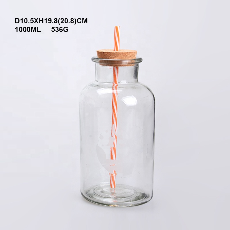 1L Round Glass Water Bottle with Straw and Cork Lid