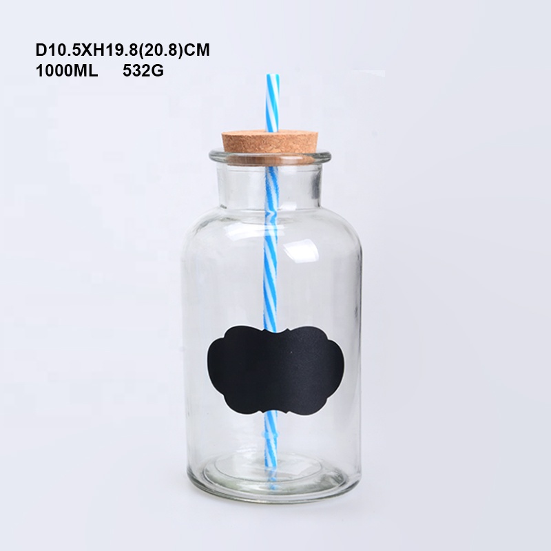 1L Round Glass Water Bottle with Straw and Cork Lid