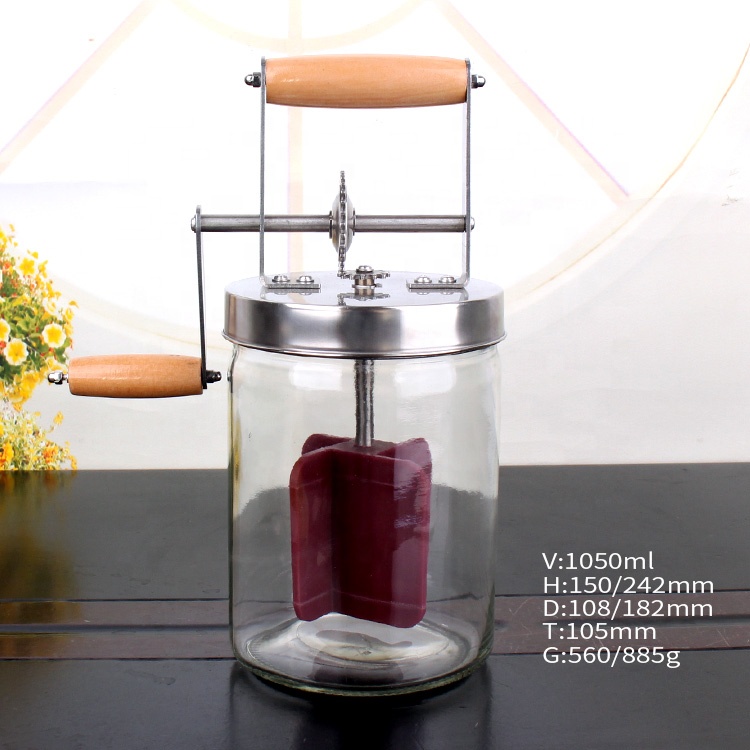 1L glass butter churner jar cylinder shape with stainless steel cap silicon beater