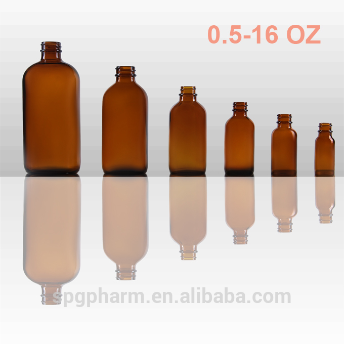 1OZ-16OZ Amber Boston Round Glass Bottle G.P.I Standard Finish