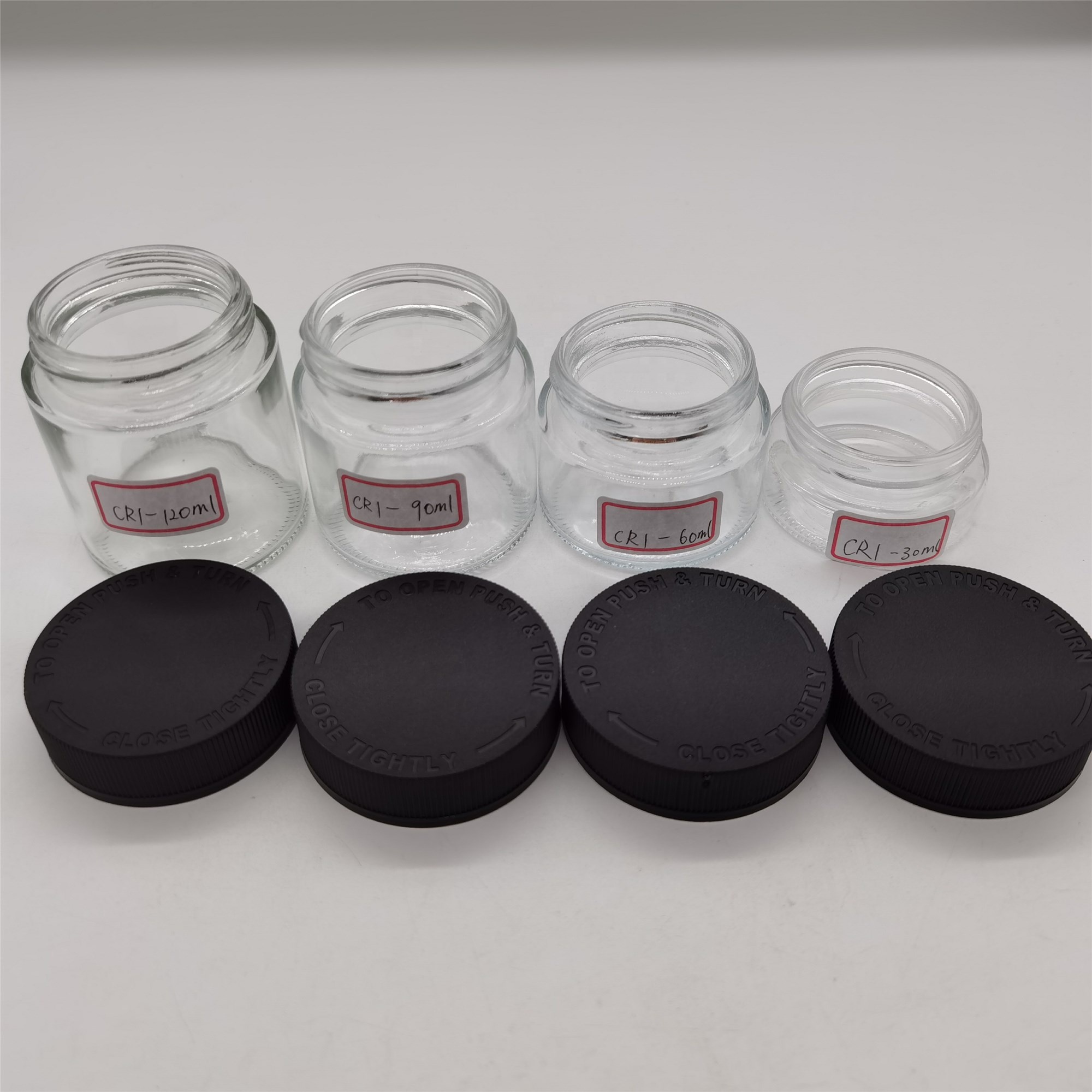 1OZ, 2OZ, 3 OZ, 4OZ Child Resistant Clear Glass Jars