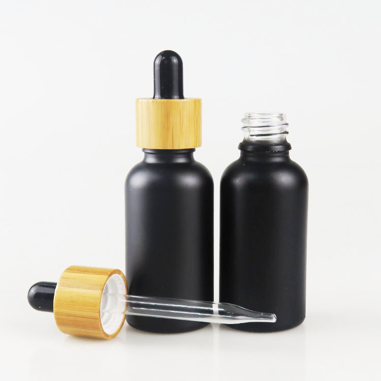 1OZ 2OZ Ejuice Cosmetic Frosted Matte Black Glass measurement Dropper Bottle Empty 30ML Essential Oil with bamboo lids