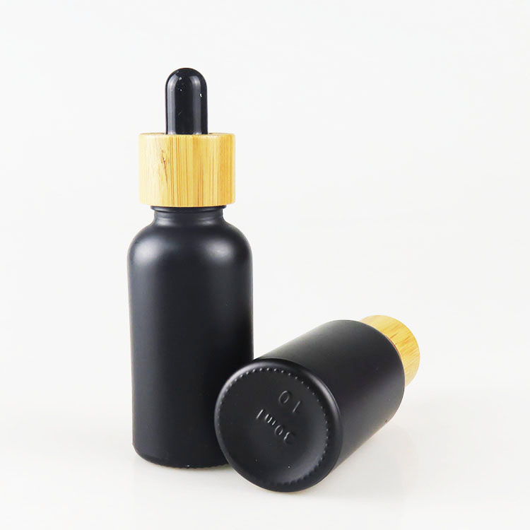 1OZ 2OZ Ejuice Cosmetic Frosted Matte Black Glass measurement Dropper Bottle Empty 30ML Essential Oil with bamboo lids