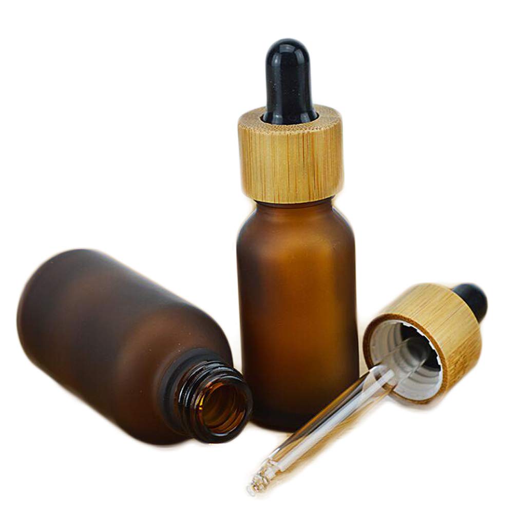 1OZ Frosted Amber Glass Droppers Bottles with Bamboo Cap and Glass Eye Droppers