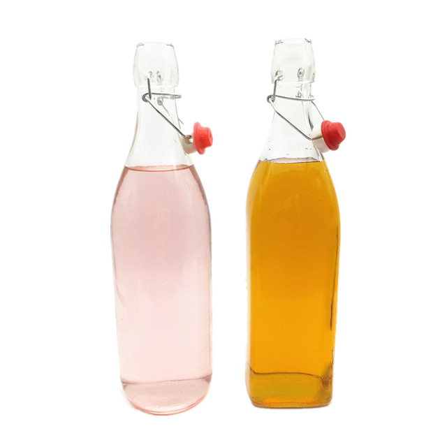 1liter 1000ml square or round glass bottle for water juice oli beverage with flip top caps swing top lids