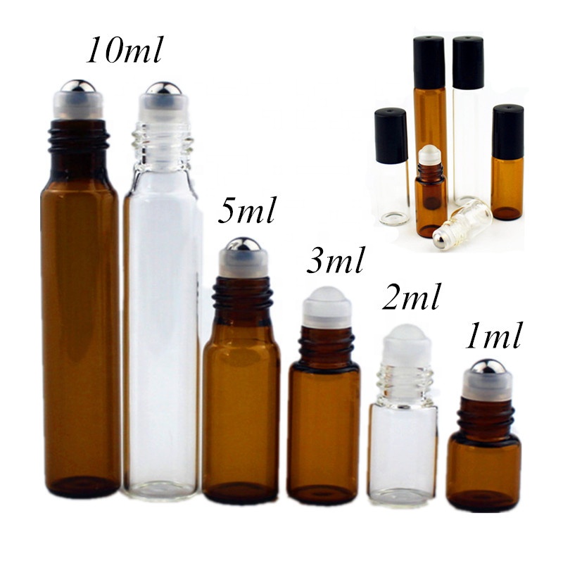 1ml 2ml 3ml 5ml 10ml Amber Thin Glass Roll on Bottle Sample Test Essential Oil Vials with Roller Metal Glass Ball Roller bottle