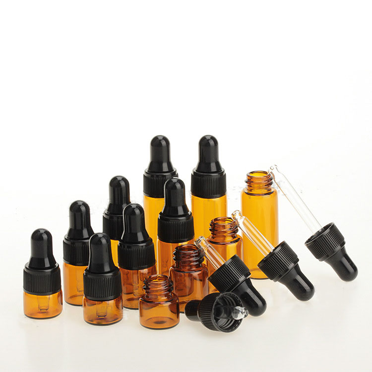 1ml 2ml 3ml 5ml amber mini glass essential oil vial with black plastic lid Dropper bottle sample container