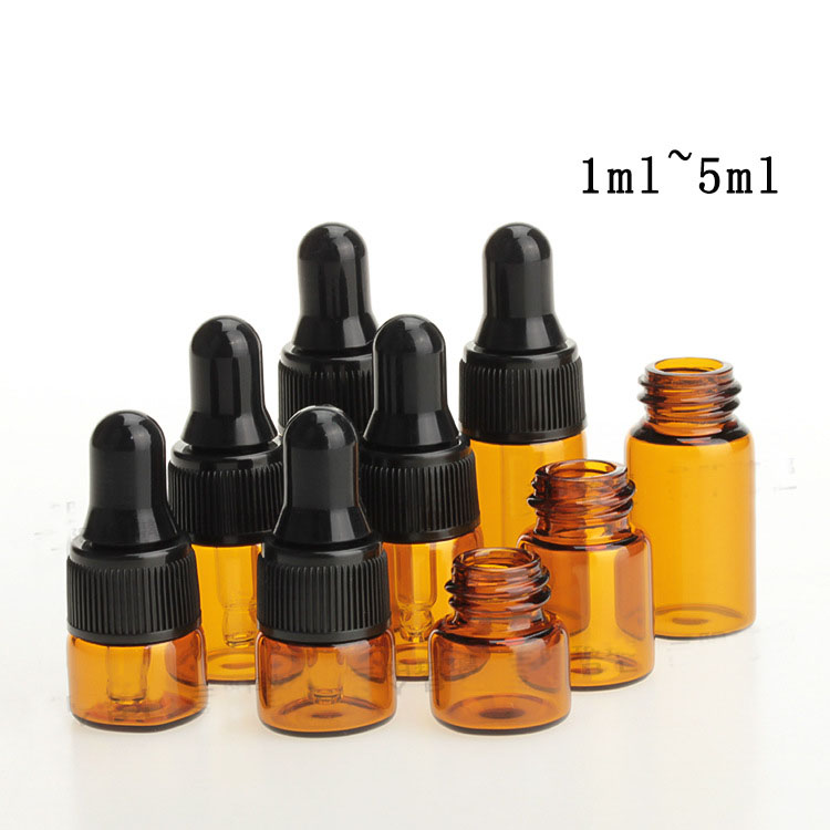 1ml 2ml 3ml 5ml amber mini glass essential oil vial with black plastic lid Dropper bottle sample container
