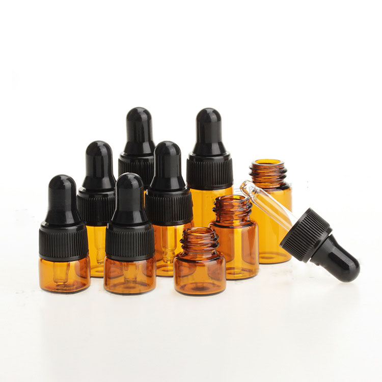 1ml 2ml 3ml 5ml amber mini glass essential oil vial with black plastic lid Dropper bottle sample container