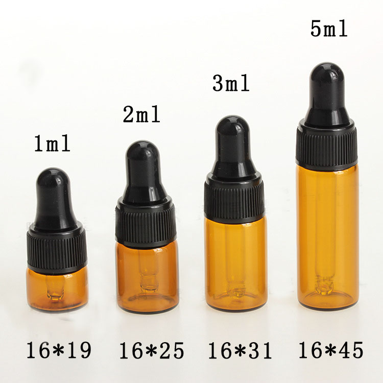 1ml 2ml 3ml 5ml amber mini glass essential oil vial with black plastic lid Dropper bottle sample container