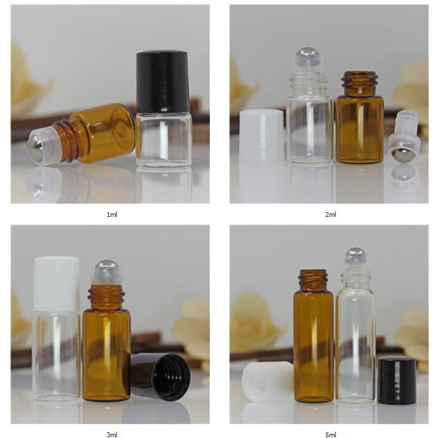 1ml 2ml 3ml 5ml travel empty bottling clear amber glass perfume essential oil bottles stainless steel metal rollers top