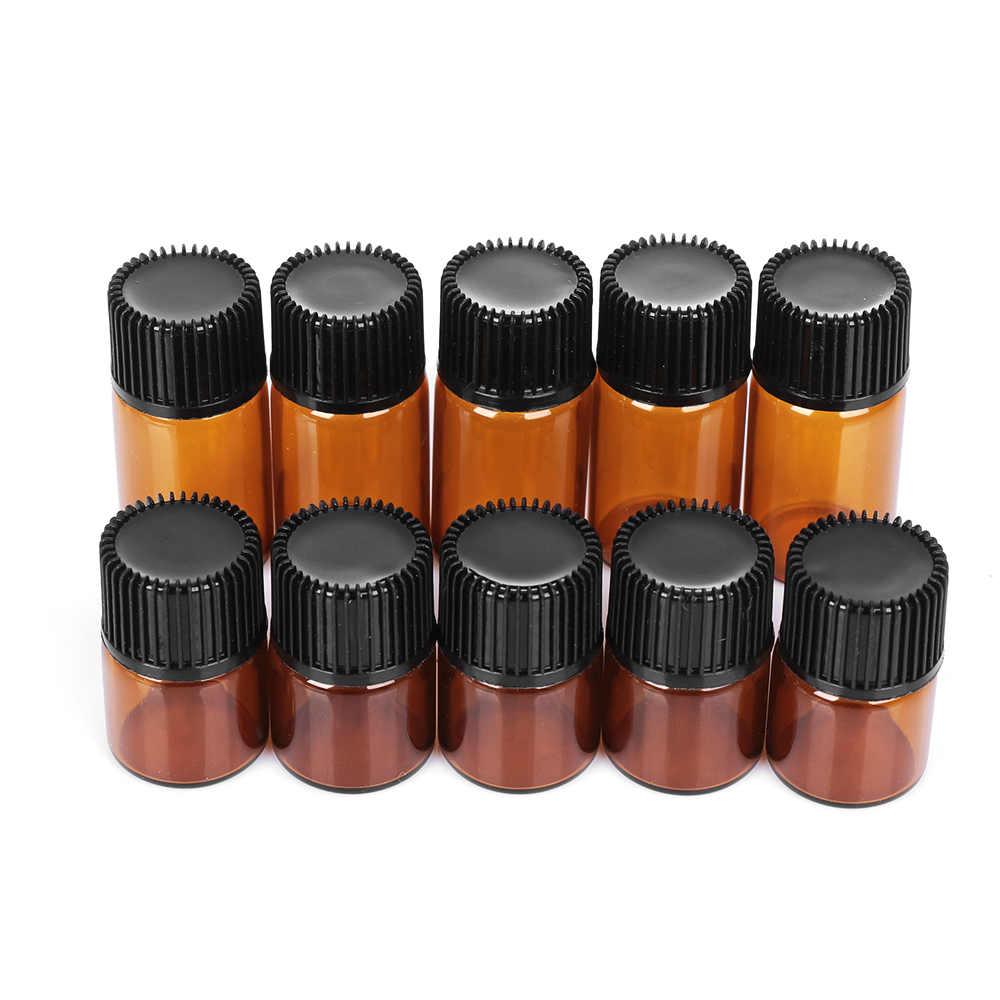 1ml 2ml 3ml Amber Glass Vials Mini Essential Oil Bottles with Orifice Reducer & Black Plastic Cap