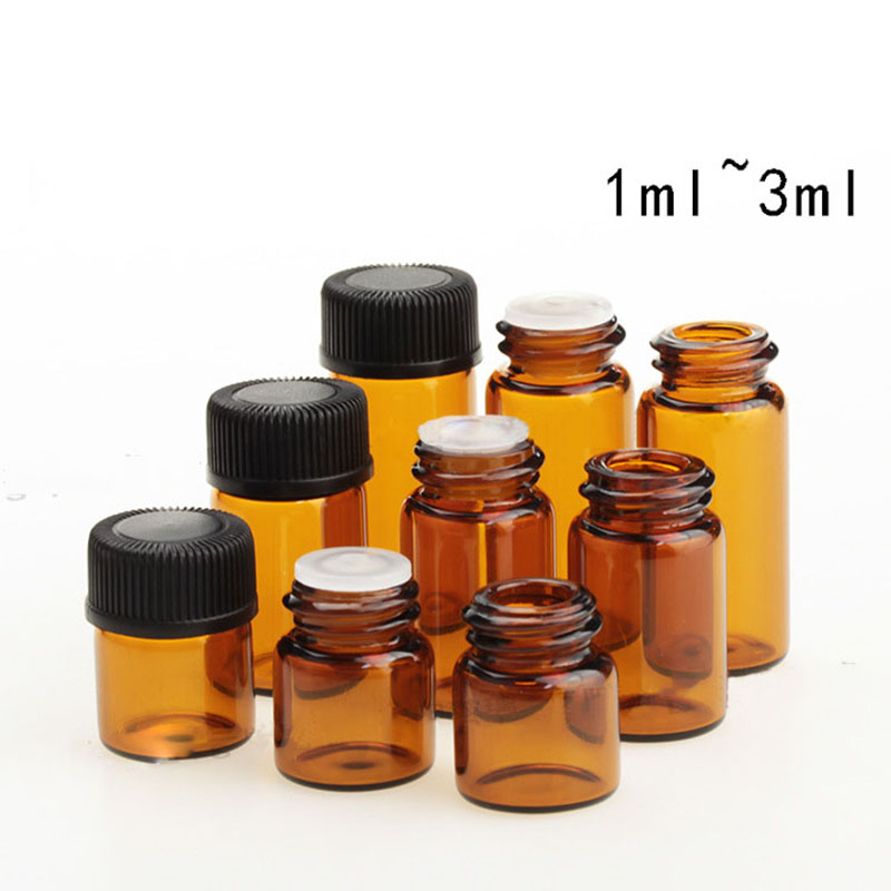 1ml 2ml 3ml amber mini essential oil bottle essential oil sample glass vial with black threaded plastic cap Drops of plug