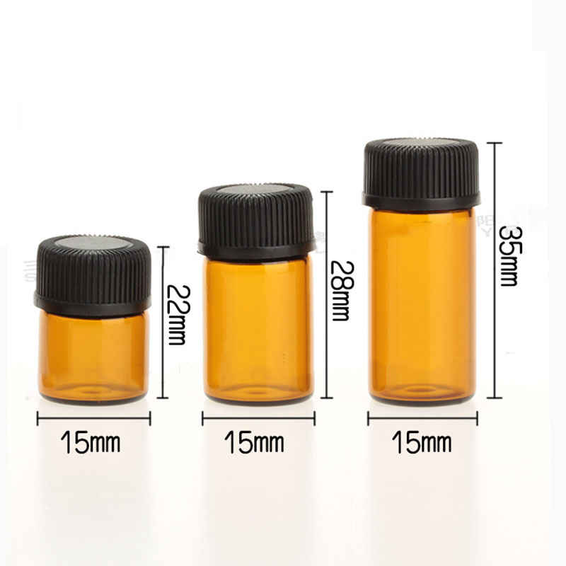 1ml 2ml 3ml amber mini essential oil bottle essential oil sample glass vial with black threaded plastic cap Drops of plug