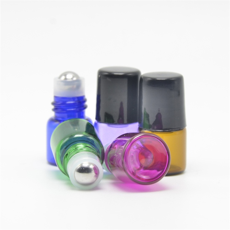 1ml 2ml 3ml clear amber colorful glass roll on bottle with stainless steel roller ball and black cap
