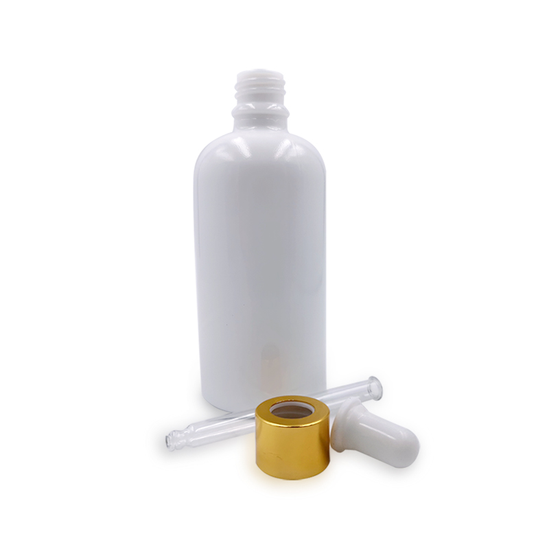 1oz 2oz 30ml 60ml Opal White Porcelain Boston Round Glass Dropper Bottle With Gold Screw Cap