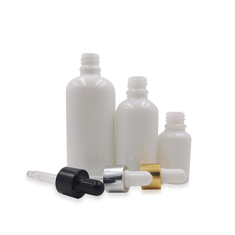 1oz 2oz 30ml 60ml Opal White Porcelain Boston Round Glass Dropper Bottle With Gold Screw Cap