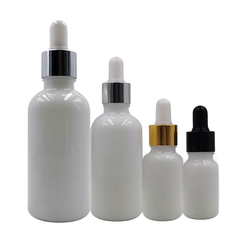 1oz 2oz 30ml 60ml Opal White Porcelain Boston Round Glass Dropper Bottle With Gold Screw Cap