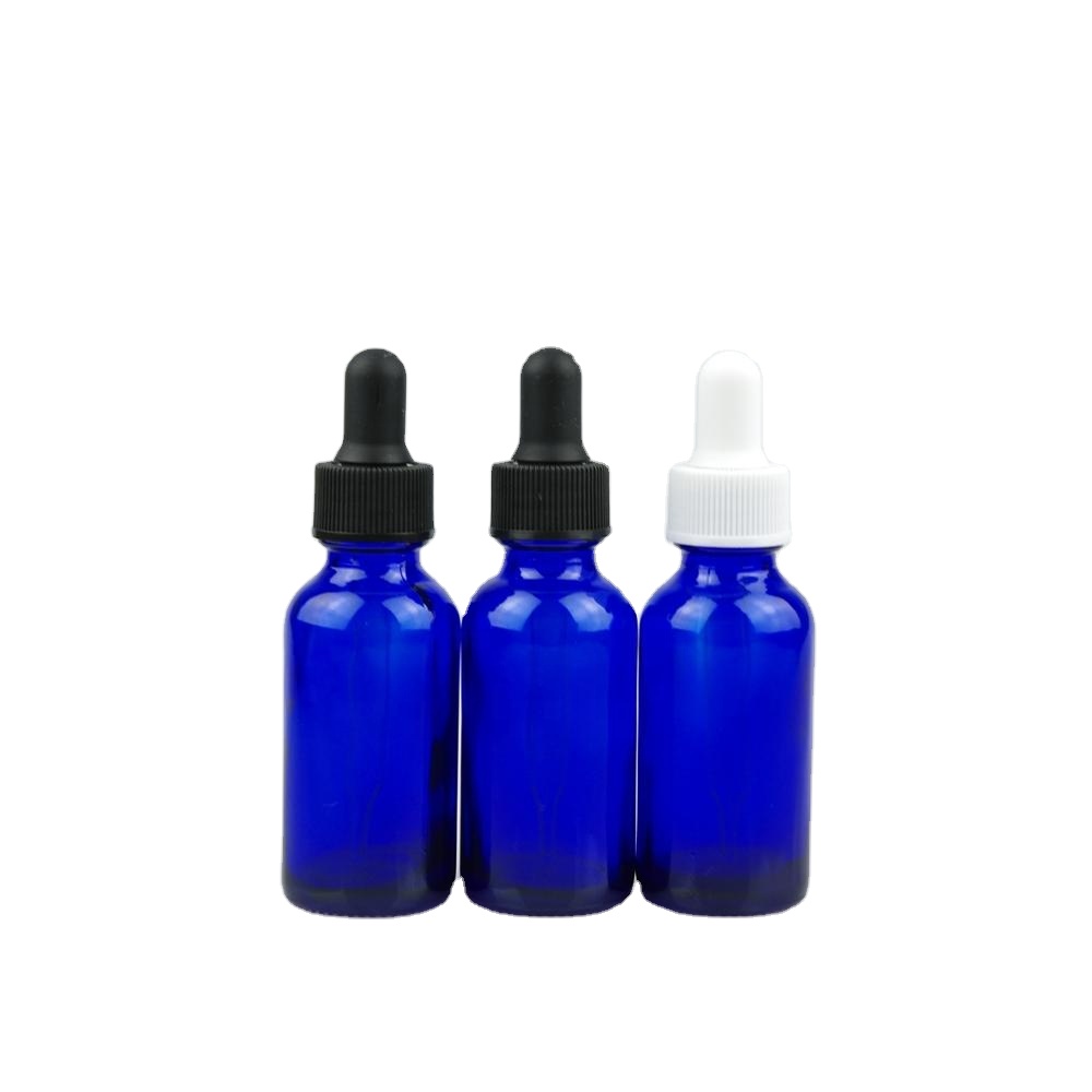 1oz 2oz 30ml 60ml boston round glass essential oil bottle with clear black ribbed dropper cap on sale