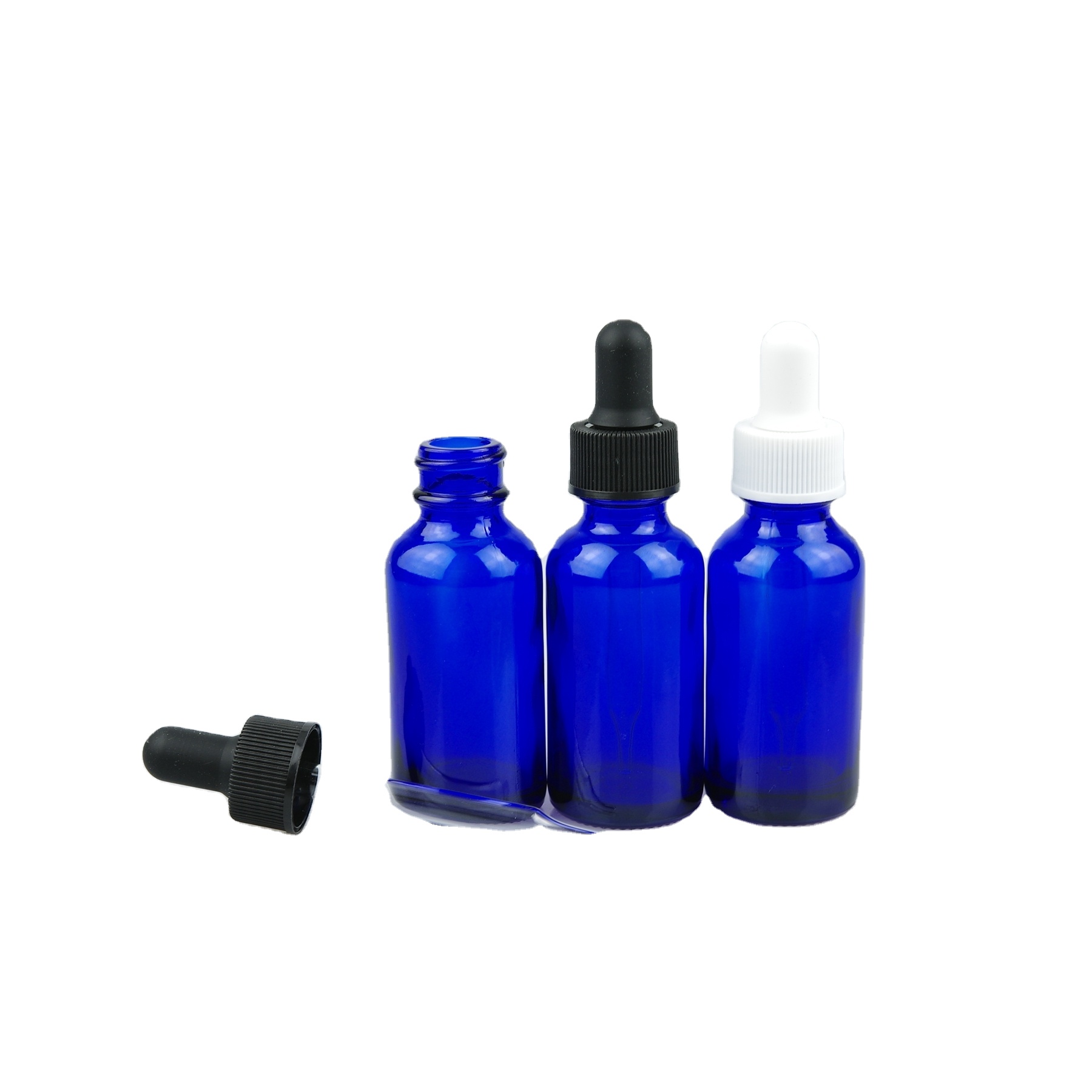 1oz 2oz 30ml 60ml boston round glass essential oil bottle with clear black ribbed dropper cap on sale