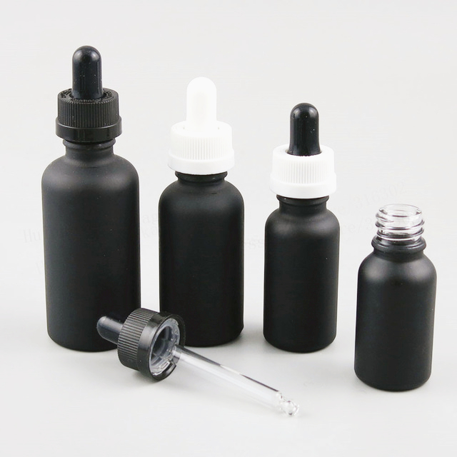1oz 2oz 30ml 60ml cosmetic essential oil Matt Black Boston Round glass dropper bottle with 1ml Calibrated Glass droppe