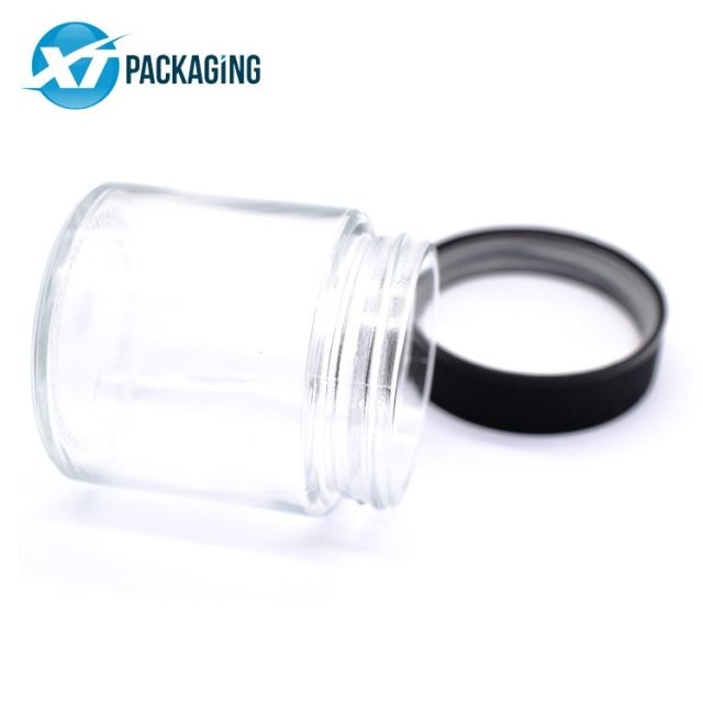1oz 2oz 3oz 4oz 6oz 8oz clear straight side glass jar with black lid child resistant