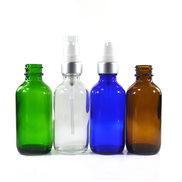 1oz 2oz 4oz 30ml 60ml 120ml clear green Cobalt blue amber boston glass bottle with plastic pump sprayer