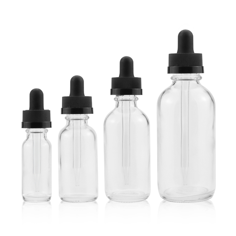 1oz 2oz 4oz 6oz 8oz  clear Boston Round Glass Bottle with black  Glass Dropper/black cap