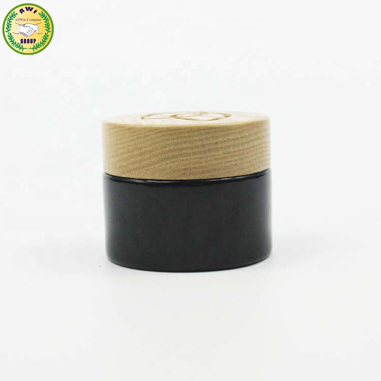 1oz 2oz 4oz 6oz 8oz frosted black bamboo cosmetic glass jar with wooden cap 5ml recycled eco-friendly face cream jar bamboo lid