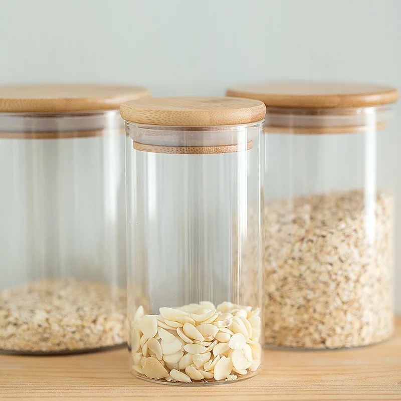 1oz 2oz 4oz 8oz 10oz transparent food spice weed glass bamboo wooden lid container storage jars for with bamboo cork lid GSJ-18S