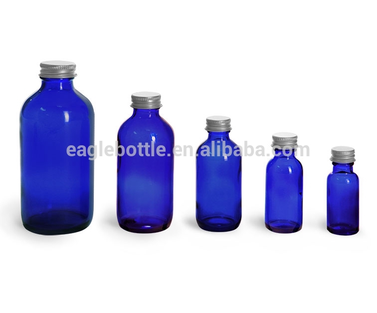 1oz 2oz 4oz 8oz 16oz Blue Boston Round Glass Bottle with Silver lid