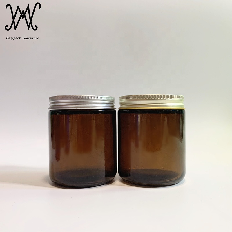 1oz 2oz 4oz 8oz straight sided round amber glass cosmetic cream sample jar with white metal tin lid BPA free