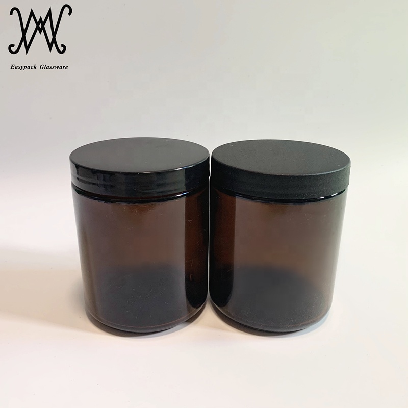 1oz 2oz 4oz 8oz straight sided round amber glass cosmetic cream sample jar with white metal tin lid BPA free