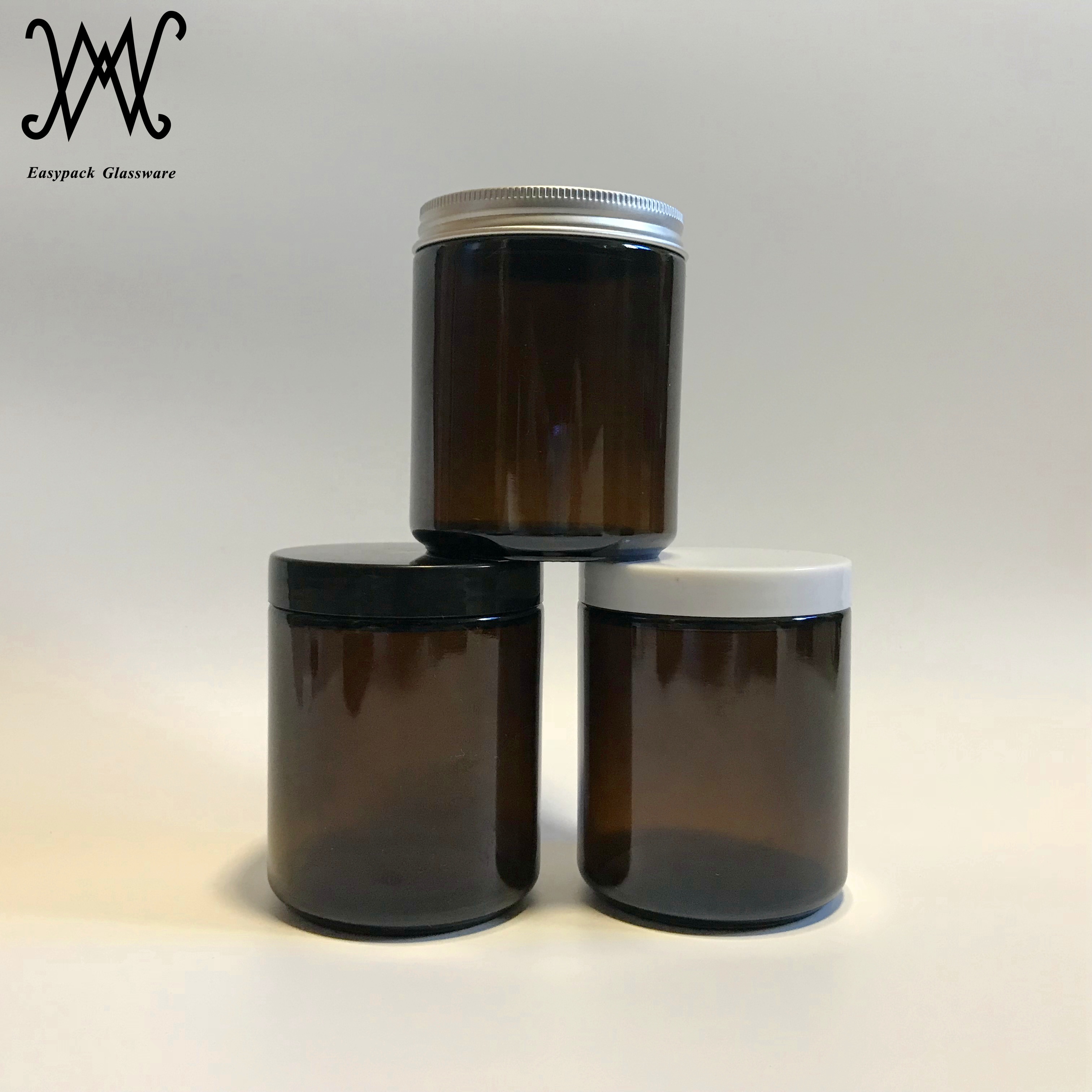 1oz 2oz 4oz 8oz straight sided round amber glass cosmetic cream sample jar with white metal tin lid BPA free