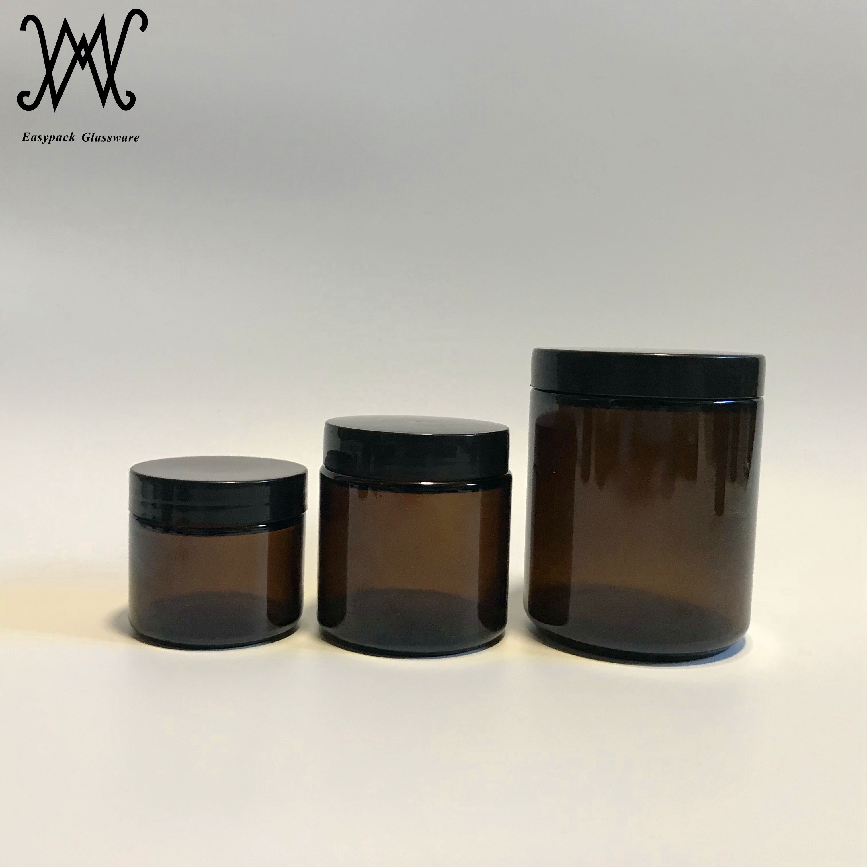 1oz 2oz 4oz 8oz straight sided round amber glass cosmetic cream sample jar with white metal tin lid BPA free