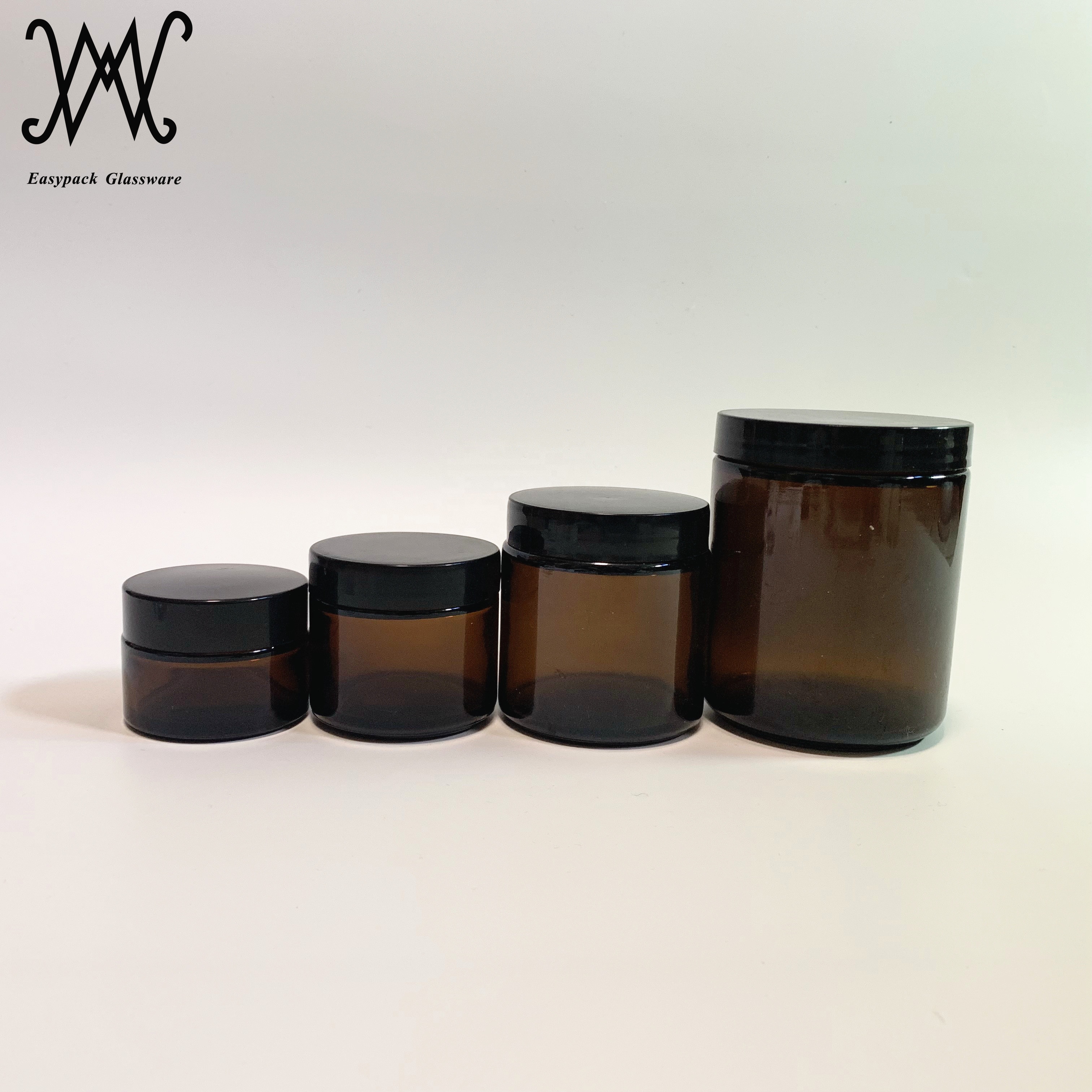 1oz 2oz 4oz 8oz straight sided round amber glass cosmetic cream sample jar with white metal tin lid BPA free