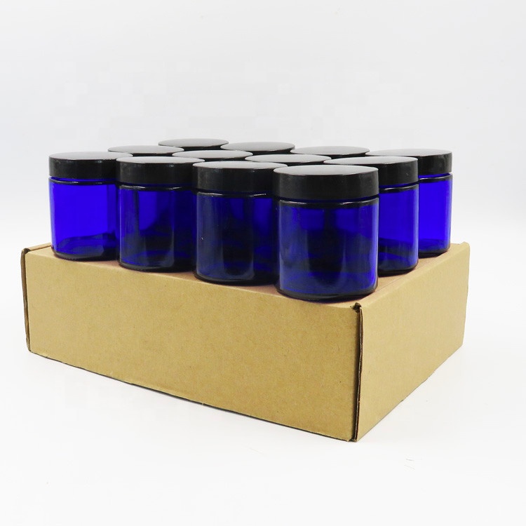 1oz 2oz 4oz Cobalt Blue Glass Jar UV Plastic Lid Cosmetic Cream Jar