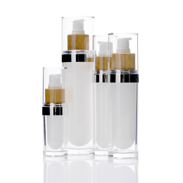 1oz 2oz 4oz white bamboo acrylic pump lotion serum cosmetic bottle 15ml 30ml 60ml 120ml acrylic bottle with bamboo accessory