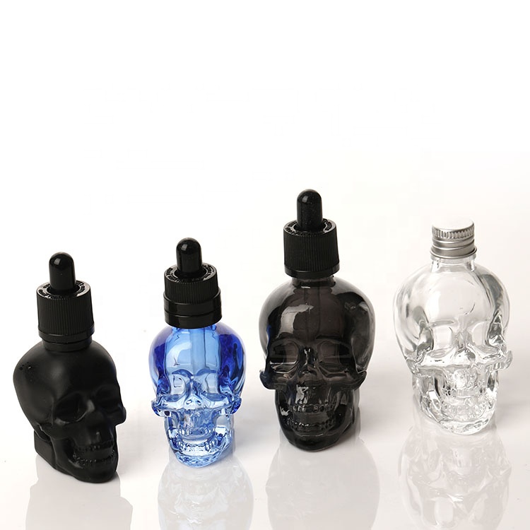 1oz 2oz black frosted glass bottles 30ml matte black skull bottles with black dropper