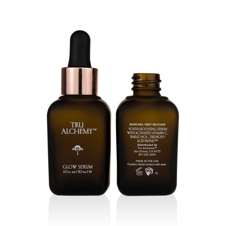 1oz 30 ml frosted amber glass square serum bottles with rose gold dropper cap