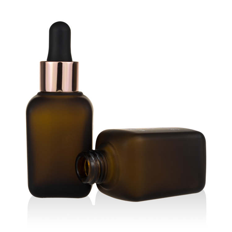 1oz 30 ml frosted amber glass square serum bottles with rose gold dropper cap