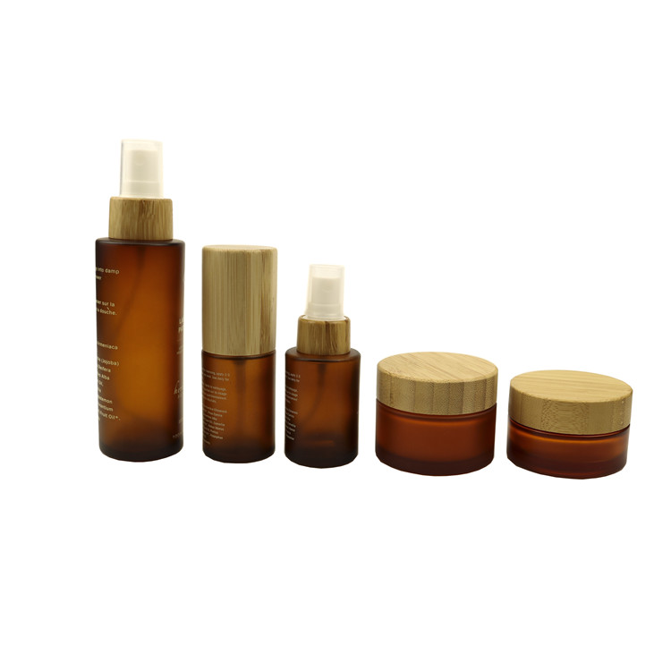 1oz 30ml 50ML 100ML amber glass jar with wooden lid clear frosted cream bottle brown bamboo lid cosmetic jar packaging HOT SALE