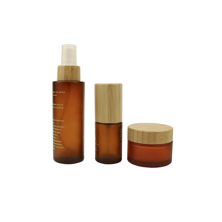 1oz 30ml 50ML 100ML amber glass jar with wooden lid clear frosted cream bottle brown bamboo lid cosmetic jar packaging HOT SALE